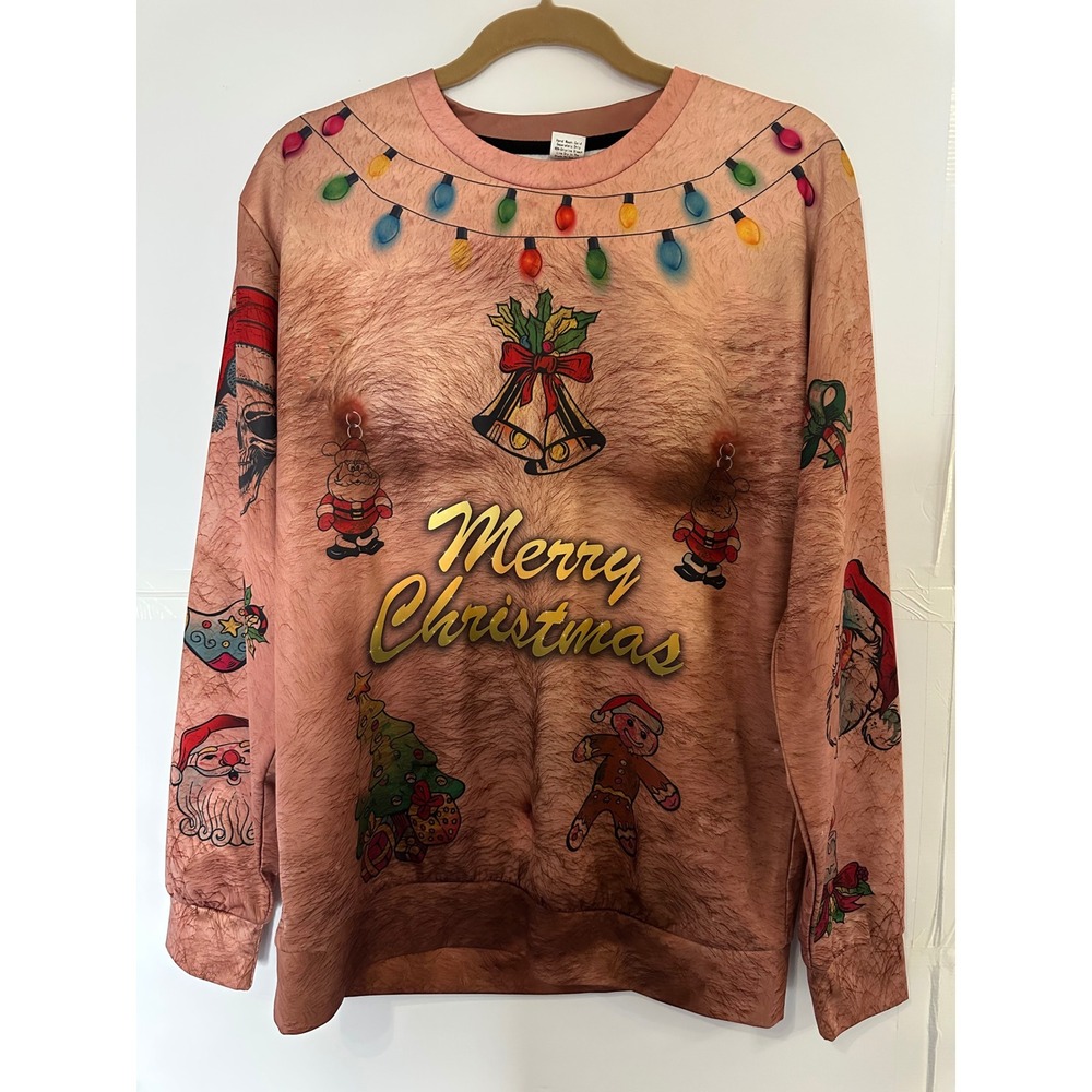 Mens‎ Funny Ugly Christmas Sweater Hairy Chest Tattoo Santa Skull Party L